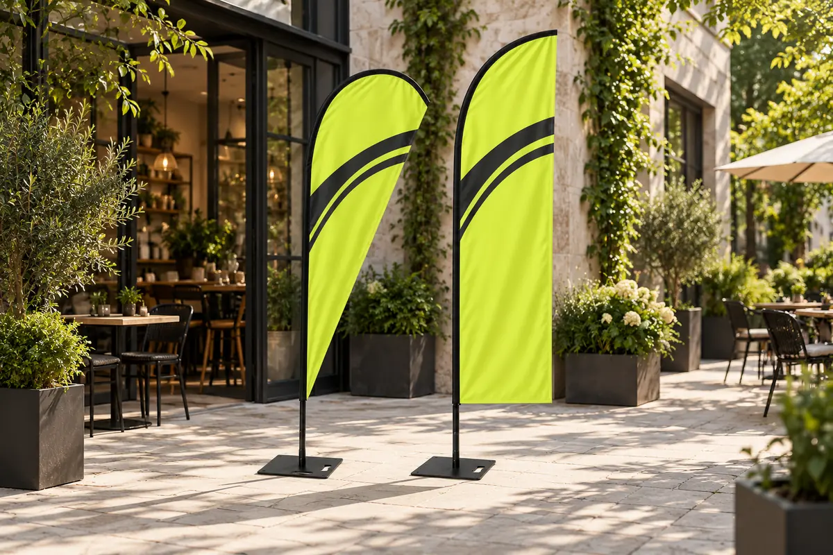 Lime színű Y-DROP és Y-KNIFE zászlók fekete talpakon egy kávézó előtt